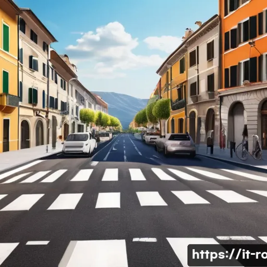 도로교통사 필기시험 고득점을 위한 체크리스트 - A detailed illustration of a typical Italian urban street intersection featuring clear and vibrant r...