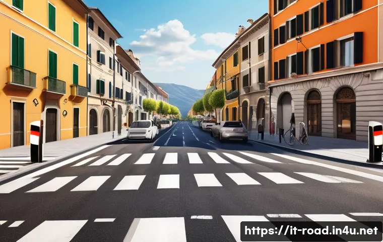 도로교통사 필기시험 고득점을 위한 체크리스트 - A detailed illustration of a typical Italian urban street intersection featuring clear and vibrant r...