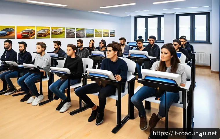 도로교통사 시험 합격률 통계 - A detailed scene showing a diverse group of young adult Italian driving students practicing in a mod...