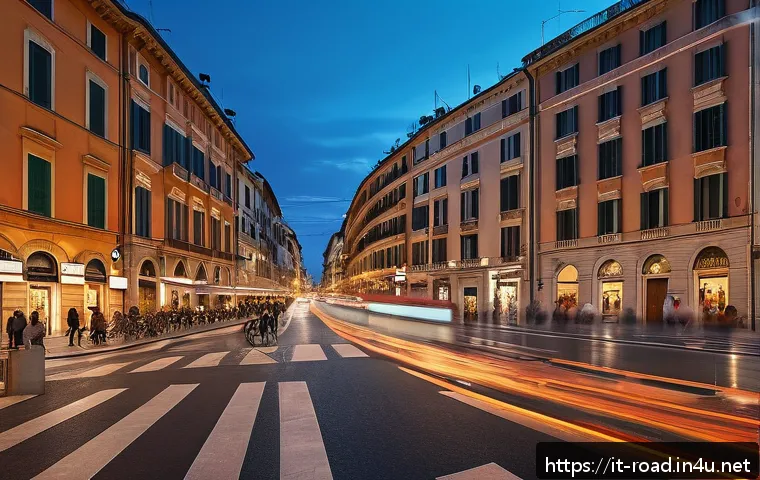 도로교통사 실무에서 자주 겪는 문제 해결 - A bustling Italian urban intersection at dusk featuring a smart traffic light system with dynamic se...