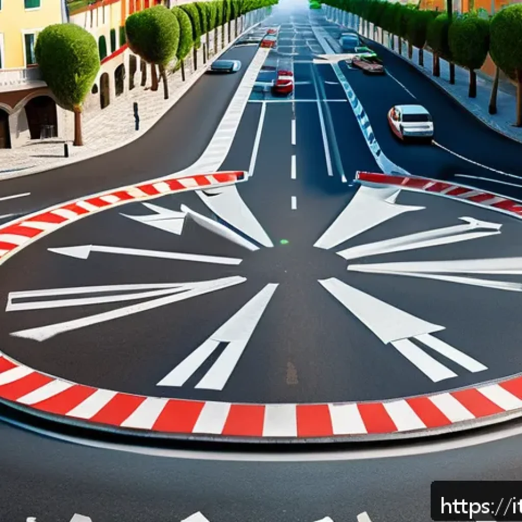 도로교통사 필기시험 암기법 모음 - A detailed, realistic illustration of a busy Italian roundabout with multiple cars following traffic...