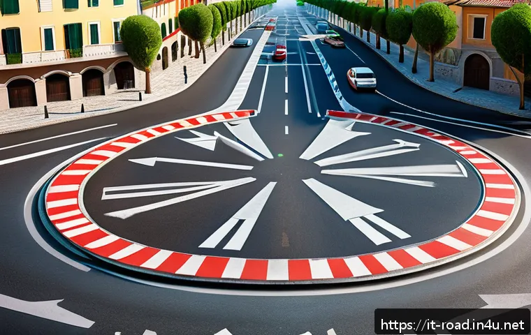 도로교통사 필기시험 암기법 모음 - A detailed, realistic illustration of a busy Italian roundabout with multiple cars following traffic...