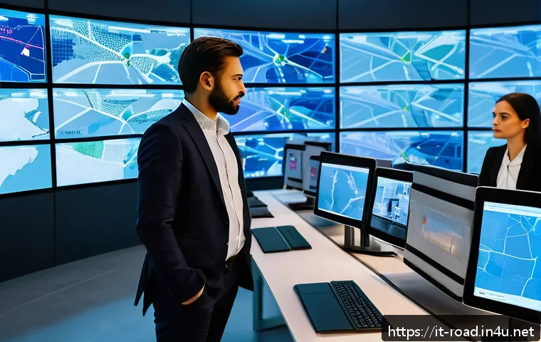 도로교통사 자격증 취득 후의 직업 선택 전략 - A modern urban traffic control room in Italy, featuring a diverse team of professionals wearing busi...