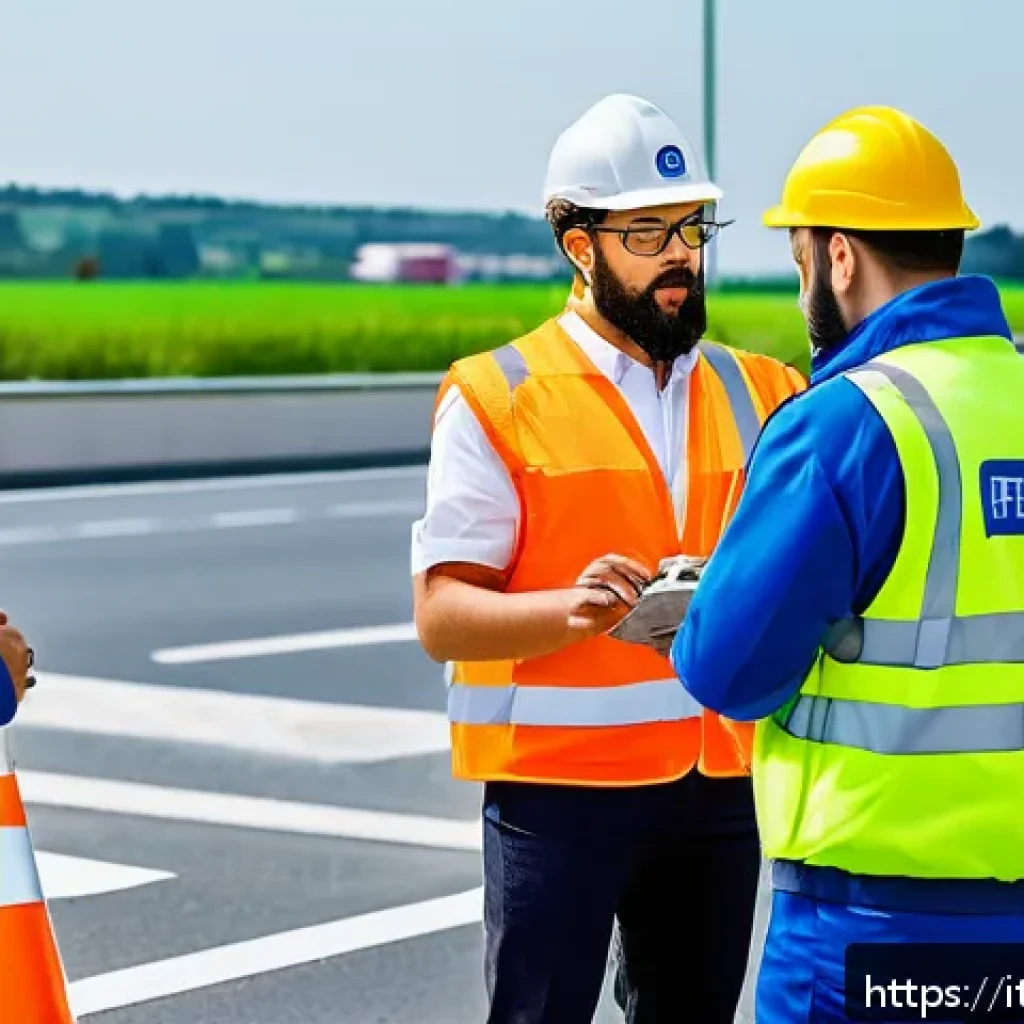 도로교통사 실무 과정에서의 협업 중요성 - A group of diverse professional road safety operators in a modern training facility, engaged in a co...