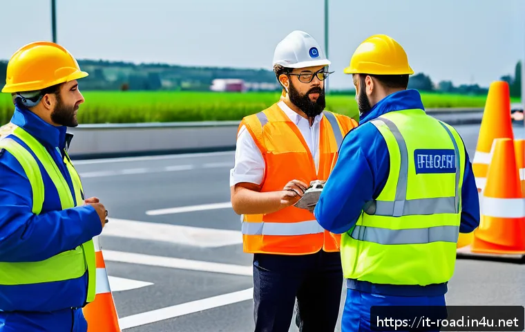도로교통사 실무 과정에서의 협업 중요성 - A group of diverse professional road safety operators in a modern training facility, engaged in a co...