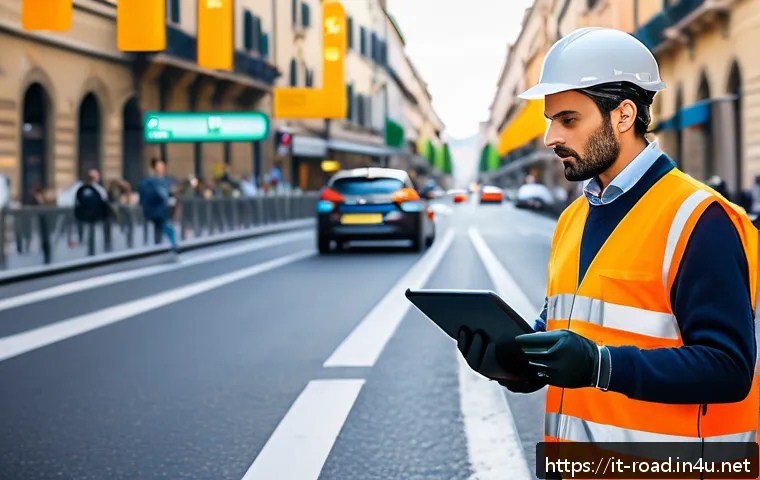 도로교통사 실습 과정에서 필요한 기술 - A detailed scene of a professional traffic management operator wearing high-visibility safety gear i...