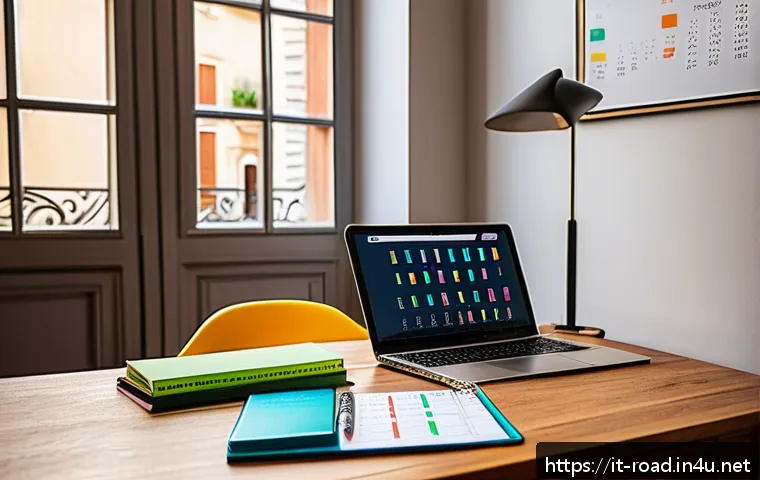 도로교통사 필기시험 고득점 요령과 사례 - A cozy study room in a modern Italian apartment, featuring a wooden desk with a detailed personalize...