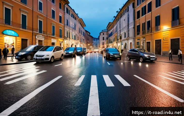 도로교통사 직무 경험이 필요한 이유 - A bustling urban street intersection in Rome during daytime, showing diverse road users including ca...