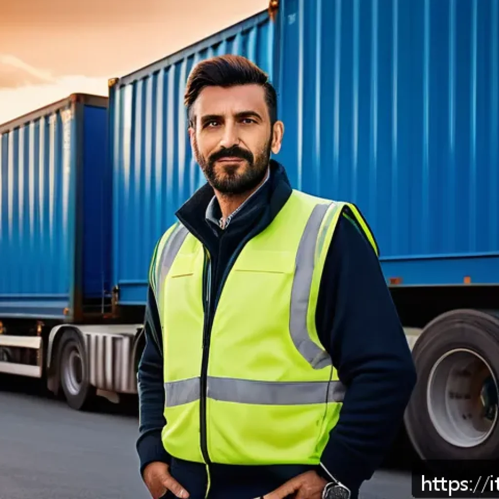 도로교통사 시험 합격 후 커리어 관리 - A professional Italian truck driver in his 30s wearing a clean uniform and safety vest, standing con...