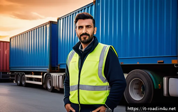 도로교통사 시험 합격 후 커리어 관리 - A professional Italian truck driver in his 30s wearing a clean uniform and safety vest, standing con...