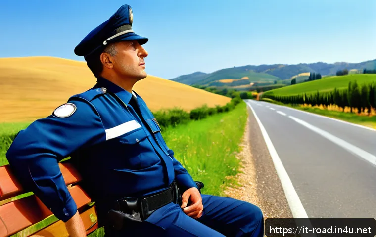 도로교통사 업무 스트레스 관리법 - A serene Italian roadside safety officer practicing deep diaphragmatic breathing during a break, sea...