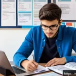 Home 19 도로교통사 필기시험 고득점을 위한 준비 - A focused young adult studying for a driving theory exam at a tidy desk, surrounded by updated offic...