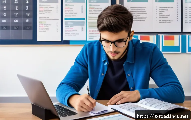 도로교통사 필기시험 고득점을 위한 준비 - A focused young adult studying for a driving theory exam at a tidy desk, surrounded by updated offic...