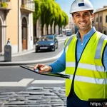 Home 18 도로교통사 이직 시 필요한 서류 - A professional Italian road safety officer in uniform standing confidently beside a sleek traffic co...
