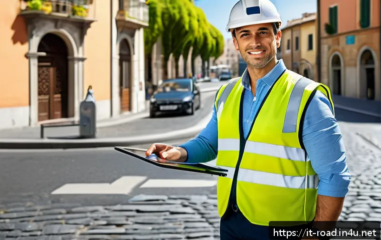 도로교통사 이직 시 필요한 서류 - A professional Italian road safety officer in uniform standing confidently beside a sleek traffic co...
