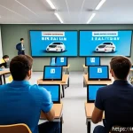 Home 23 도로교통사 필기시험과 실기시험 차이점 - A modern Italian driving school classroom scene with diverse adult students attentively using tablet...