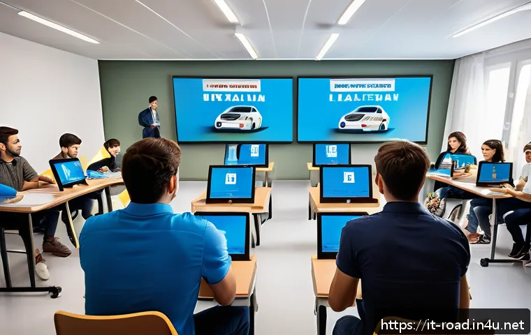도로교통사 필기시험과 실기시험 차이점 - A modern Italian driving school classroom scene with diverse adult students attentively using tablet...