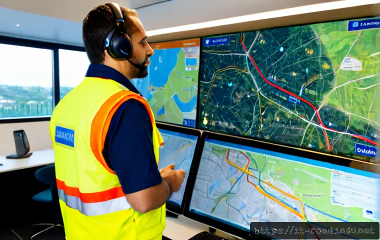 도로교통사 직무에서의 커뮤니케이션 기술 - Photorealistic Italian road traffic control center, experienced traffic operations coordinator weari...